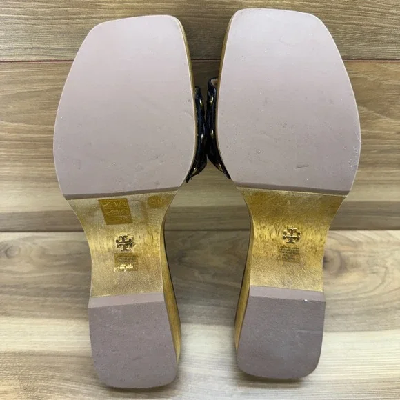 Tory Burch Basketweave Wooden Slides Womens 10.5 M Black Leather Slip On Clog - Picture 9 of 11